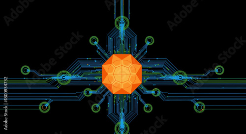 An orange geometric core with intricate blue and green circuit patterns radiates, symbolizing advanced digital technology, data processing, and artificial intelligence.