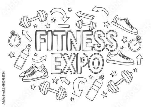 A black and white doodle illustration for a fitness expo event, featuring hand-drawn gym equipment like dumbbells, sneakers, and stopwatches on a clean white background