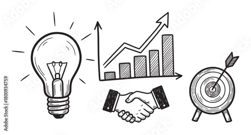 Hand-drawn doodle icon set illustrating business concepts like innovation, growth, and partnership, featuring a lightbulb, rising chart, handshake, and target on a white background