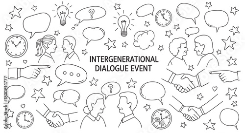 A hand-drawn doodle set illustrating the concept of intergenerational dialogue with icons of young and senior people, speech bubbles, handshakes, and light bulbs on a white background