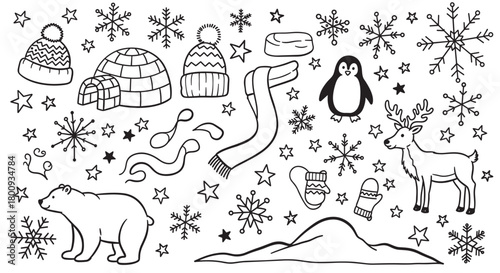Cute winter-themed doodle set with arctic animals like a polar bear and penguin, festive snowflakes, and cozy clothing items illustrated in a simple black line art style