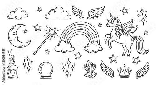 A charming collection of hand-drawn magical and fantasy elements, including a unicorn, rainbow, moon, and stars, in a simple black outline doodle style on a light background