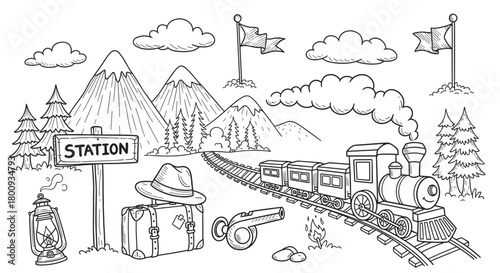 A whimsical hand-drawn doodle illustration captures a classic steam train journey through a scenic mountain landscape with pine trees, a station sign, and vintage travel gear