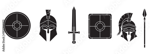 Iconic black and white vector set of ancient spartan and roman military gear, including a sword, spear, round and square shields, and plumed helmets, isolated on a plain background