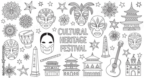 A black and white line art illustration set celebrating a cultural heritage festival with diverse global symbols like masks, pagodas, instruments, and landmarks on a white background
