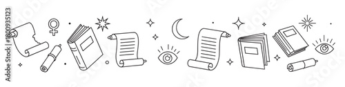 Set of magical and feminine symbols in a simple outline style, featuring ancient scrolls, spell books, a crescent moon, and all-seeing eyes for a mystical concept on a white background