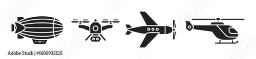 Collection of air transportation vehicle icons in a solid black glyph style, showing a vintage airship, modern drone, propeller airplane, and a classic helicopter isolated on white