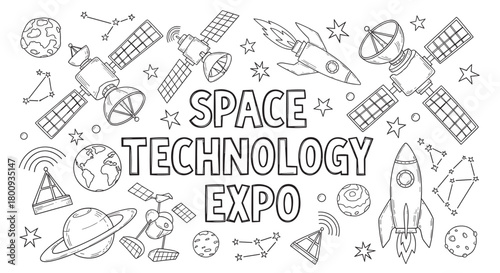 A black and white doodle-style banner for a space technology event, featuring hand-drawn rockets, satellites, planets, and stars on a white background, perfect for coloring