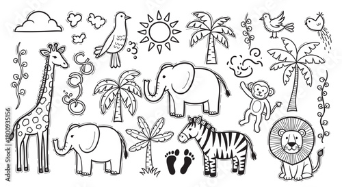 A charming collection of hand-drawn safari and jungle animals like a lion, elephant, and giraffe in a cute doodle style, isolated on a light background for children's designs