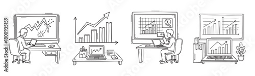 A set of hand-drawn doodle illustrations showing business professionals analyzing data on computers with growth charts and graphs, representing financial success and market analysis concepts