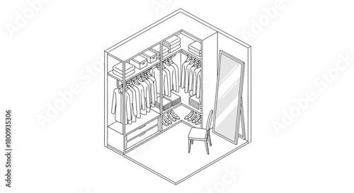 Walk-in Closet Illustration: An isometric illustration showcasing a thoughtfully designed walk-in closet, with neatly arranged clothing, shelving, a full-length mirror, and a seating area. 