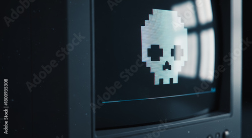 A digital skull displayed on an old monitor suggests a warning about data security in the technology landscape.