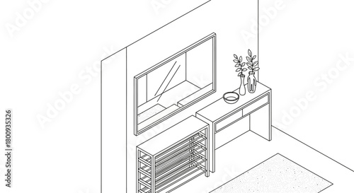 Minimalist Interior in Perspective: A sleek, modern interior design concept, rendered in clean lines and geometric shapes. It features a television, a table with decorative elements, and a shoe rack.