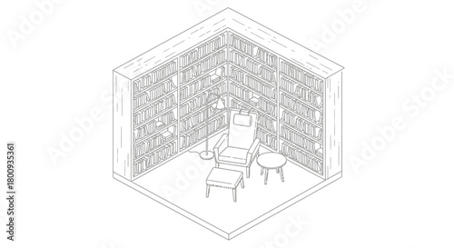 Cozy Reading Corner: A charming isometric illustration depicts a tranquil reading nook, complete with a comfortable armchair, footstool, and a warm reading lamp.