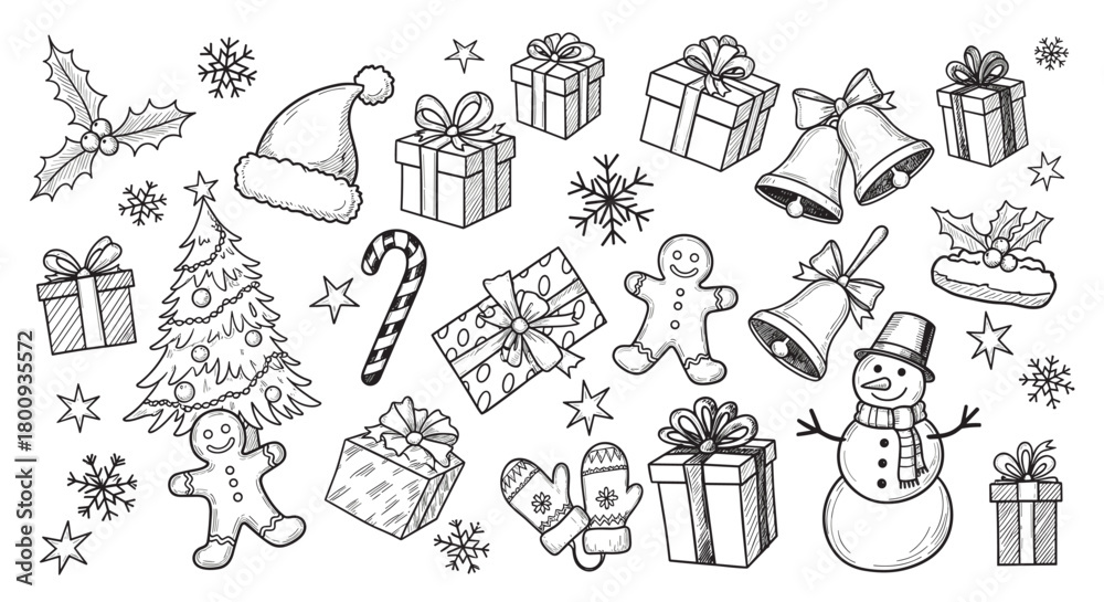 Obraz premium A festive collection of hand-drawn Christmas holiday icons in a vintage sketch style, featuring a snowman, gift boxes, a tree, and a gingerbread man on a beige background