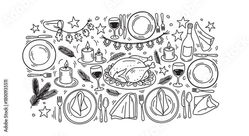 A festive holiday dinner table setting with roasted turkey, wine, and candles, illustrated in a charming hand-drawn doodle style from a top-down perspective