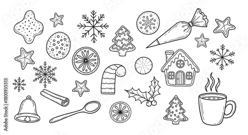 A charming collection of hand-drawn winter holiday doodles, featuring gingerbread cookies, snowflakes, a hot beverage, and festive baking elements in a simple line art style