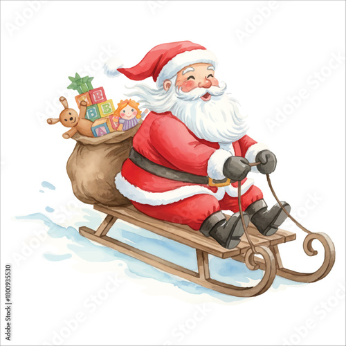Santa Claus Riding Sled Watercolor Vector Isolated on White Background

