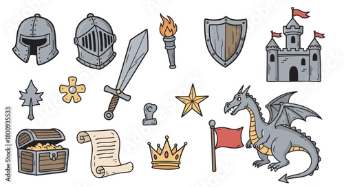 A colorful doodle illustration set of medieval fantasy objects featuring a dragon, castle, knight's armor, sword, and treasure, isolated on a light background for storytelling