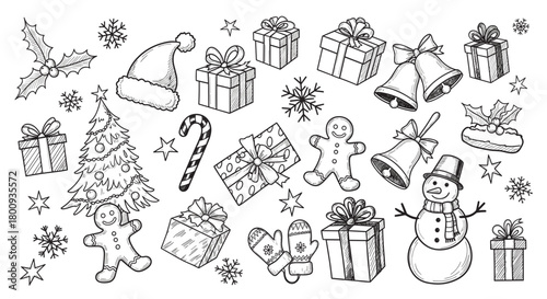 A festive collection of hand-drawn Christmas holiday icons in a vintage sketch style, featuring a snowman, gift boxes, a tree, and a gingerbread man on a beige background