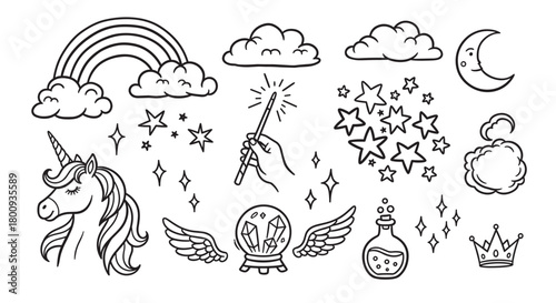 A collection of hand-drawn magical and fairytale elements including a unicorn, rainbow, magic wand, and crystal ball in a simple black and white doodle style illustration set