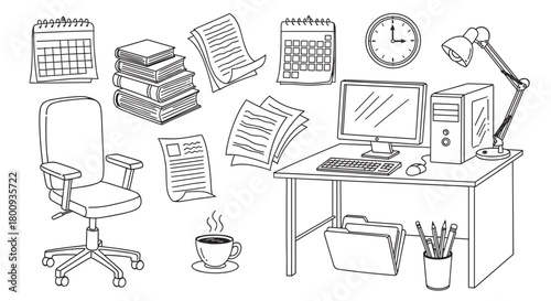 A collection of hand-drawn doodle illustrations featuring various office and workspace items like a desk, computer, chair, calendar, and documents, perfect for business or education concepts