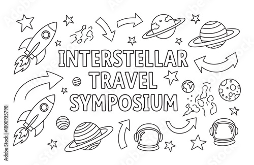 A black and white line art doodle set for an interstellar travel symposium, with hand-drawn rockets, planets, stars, and astronaut helmets isolated on a white background