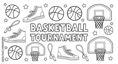 A black and white coloring page illustration featuring a set of basketball tournament elements like balls, sneakers, hoops, and whistles in a fun doodle style on a white background