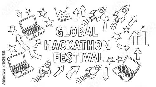 A black and white doodle illustration for a global hackathon festival, featuring laptops, rockets, and growth charts representing innovation, technology, and startup culture