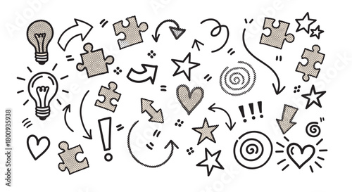 A collection of hand-drawn doodle icons like lightbulbs, puzzle pieces, and arrows representing creativity and brainstorming, illustrated in a retro comic book style with halftone dots