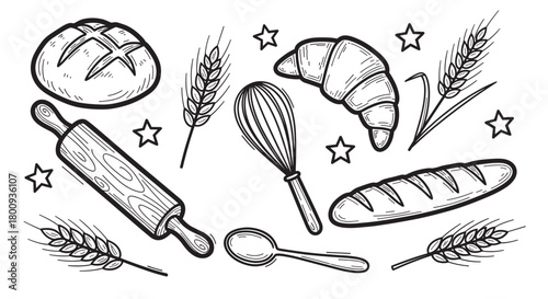 A charming hand-drawn collection of bakery essentials including fresh bread, a croissant, wheat stalks, a rolling pin, whisk, and spoon, scattered with decorative stars on a light background