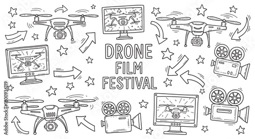 A hand-drawn doodle set illustrating a drone film festival concept with quadcopters, movie cameras, monitors, stars, and arrows in a black and white sketch style