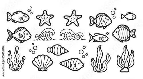 A collection of cute black and white marine life doodles, including fish, starfish, shells, and seaweed, presented as a simple line art icon set isolated on a white background