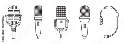 A collection of various microphone icons, including vintage, studio, handheld, and headset models, presented in a clean black and white line art style for audio concepts
