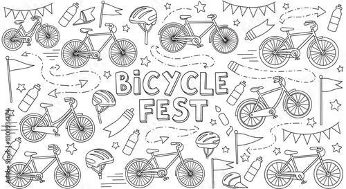 A black and white doodle pattern celebrating a bicycle festival with hand-drawn bikes, helmets, flags, and water bottles on a white background, perfect for coloring