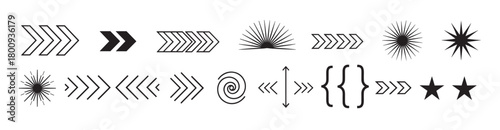 A diverse collection of black minimalist graphic design elements, including various arrows, star shapes, spirals, and abstract symbols, isolated on a plain white background