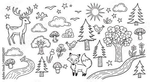 A charming collection of hand-drawn woodland elements, including a cute deer, fox, birds, trees, and mushrooms in a simple black line art doodle style on a beige background