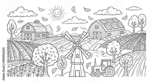 A charming hand-drawn rural landscape with a farm, windmill, tractor, and a barn with solar panels, illustrating a peaceful and sustainable agricultural scene in a doodle style