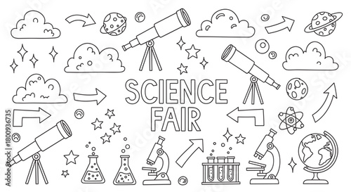 A hand-drawn collection of science fair themed doodles in a black and white outline style, featuring telescopes, microscopes, planets, and laboratory glassware for education