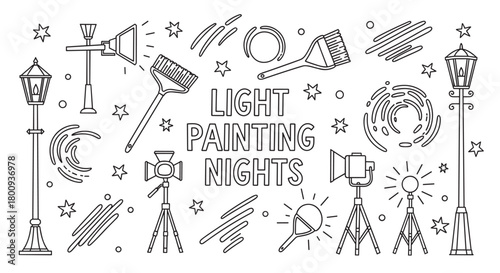 An illustrative black and white outline drawing featuring various light painting tools, street lamps, studio lights, brushes, and abstract light trails, perfect for creative art projects