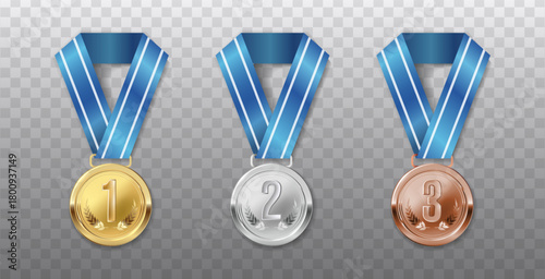 3d realistic vector icon illustration. Gold, silver and bronze medal with blue ribbon. Isolated on background.