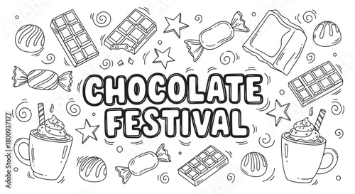 A festive black and white line art banner with Chocolate Festival lettering, surrounded by hand-drawn doodles of chocolate bars, pralines, and hot cocoa for a sweet celebration concept