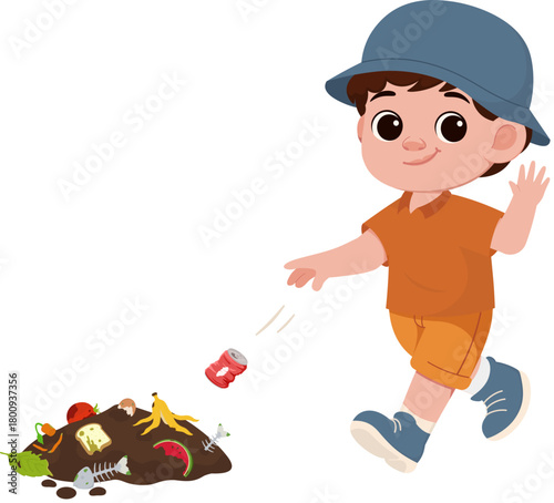 Illustration of Boy Throwing Can in Trash Pile