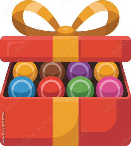 Red vending machine vector with colorful candies inside for automated snack or drink purchase