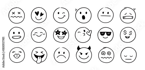 Face emoji icon set. Hand drawn doodle sketch style happy, angry, sad mood face emoticon background. Funny cartoon characters smile, wink, kiss emoji. Cute line emotion element. Vector illustration