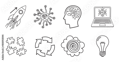 Set of hand-drawn doodle icons illustrating modern business and technology concepts like growth, artificial intelligence, problem-solving, and innovation, isolated on a white background