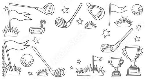 Hand-drawn set of golf sport equipment in a simple black outline doodle style, with clubs, balls, flags, and trophies creating a frame on a clean white background