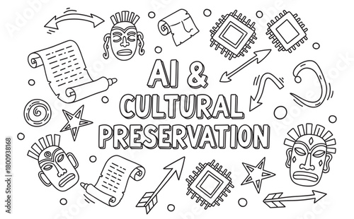 A black and white doodle illustration conceptualizing AI and cultural preservation with icons of tribal masks, ancient scrolls, and modern microchips on a white background