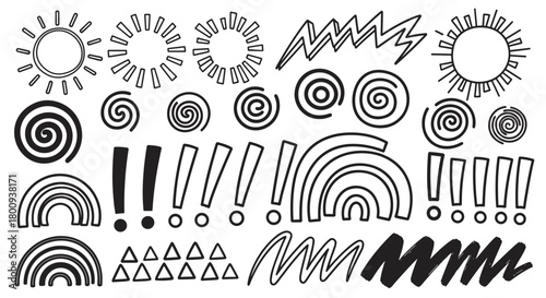 A playful collection of hand-drawn doodle elements including suns, spirals, lightning bolts, rainbows, and exclamation marks, presented in a simple graphic style on a light background