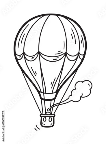 Whimsical black and white outline drawing of a hot air balloon in flight with a single passenger, presented in a simple cartoon doodle style on a clean white background